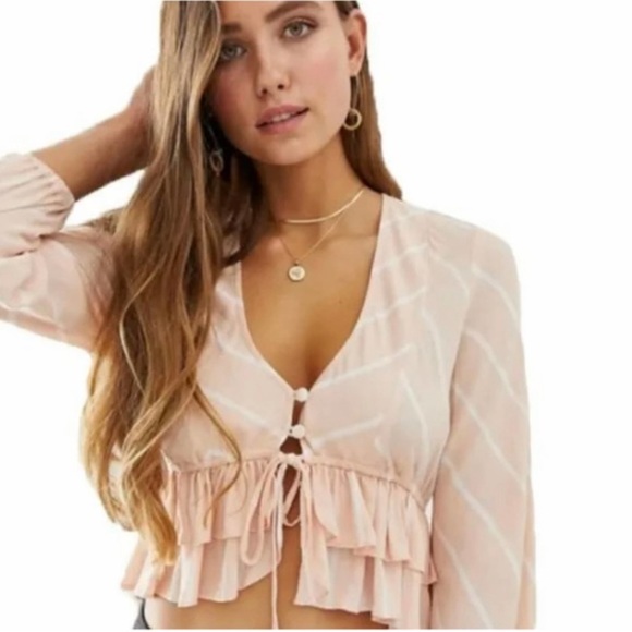 FREE PEOPLE Blouse Womens Small Pink & White Stripe Samifran Balloon Sleeve Top - Picture 1 of 11